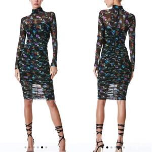 Alice + Olivia NEW Delora Floral Print Turtleneck Dress Sheer Ruched 0 sexy HOCO